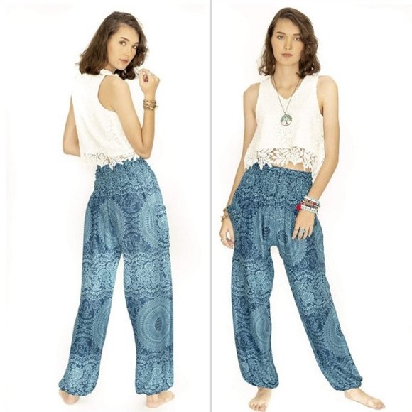 Cotton Rose Pants - OS Cotton Rose Teal Boho Thai Buddha Pants